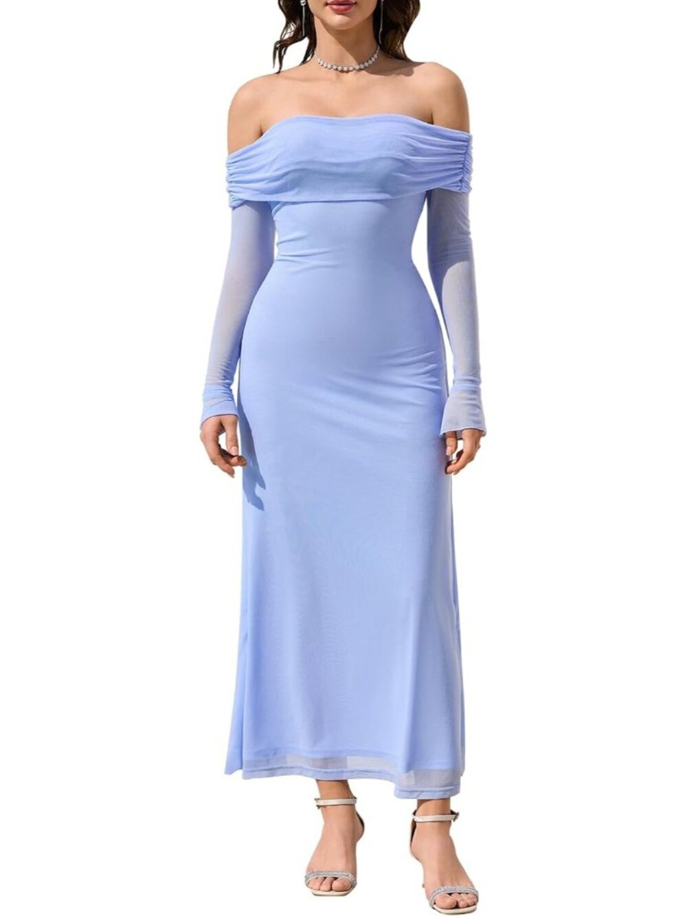 Women's Blue Off Shoulder Long Sleeve Formal Wedding Guest Maxi Party Dresses